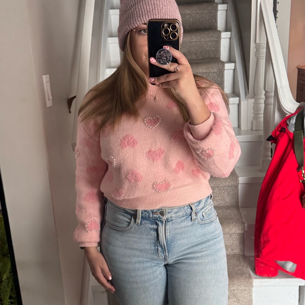 Jessica Simpson Pink Pearl Heart Crewneck Sweater